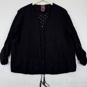 Johnny Was Black‎ Eyelet Embroidered Cupro Rayon V Neck Button Front Top Plus 1X
